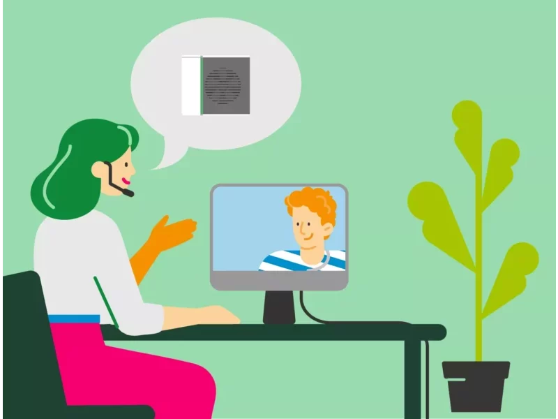 Illustration einer Online-Beratung zur Wärmepumpe mit Laptop und Fachberater von Haus der Energie