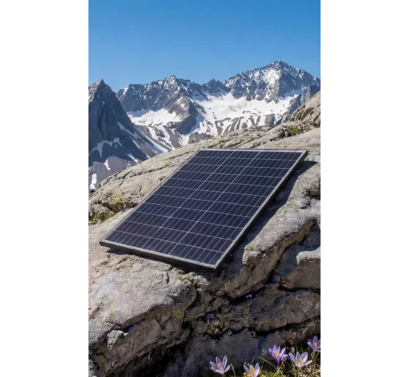 Photovoltaik auf Fels als Symbol für das Haus der Energie und nachhaltige Stromgewinnung im Frühjahr